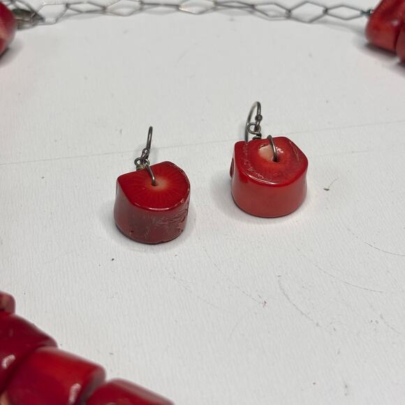 Vintage Chunky Red Coral Necklace, Earring Set - Picture 7 of 10